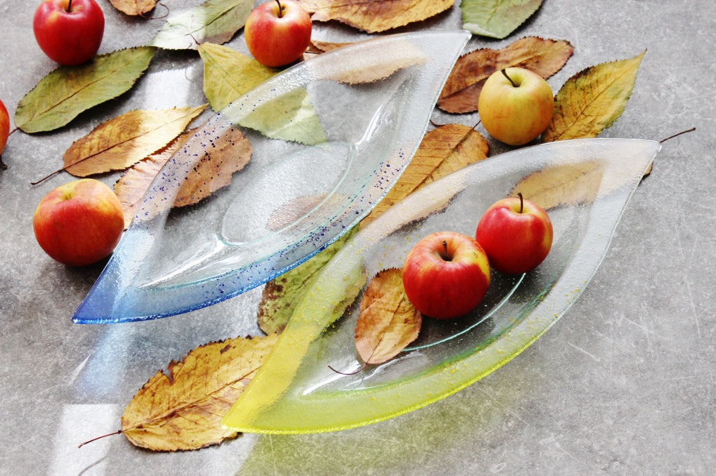 Skleněná mísa LIST 47x19cm - žlutý dekor