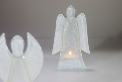 Skleněný svícen anděl 14cm - bílý