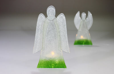 Skleněný svícen anděl 14cm - bílo-zelený