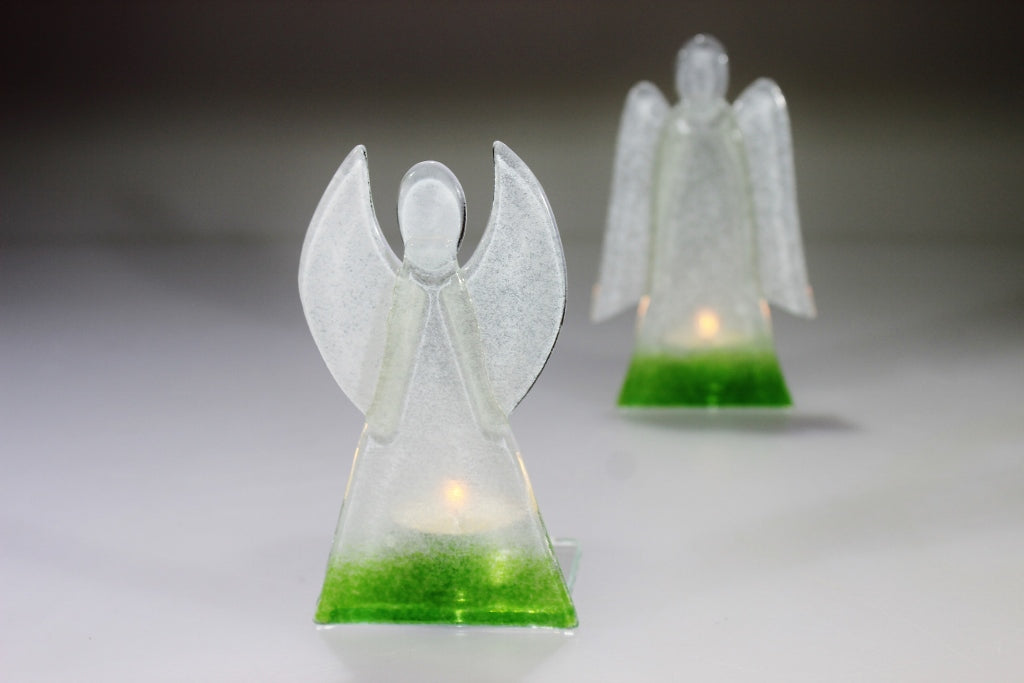 Skleněný svícen anděl 12cm - bílo-zelený