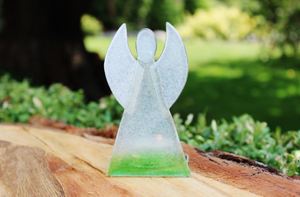 Skleněný svícen anděl 12cm - bílo-zelený