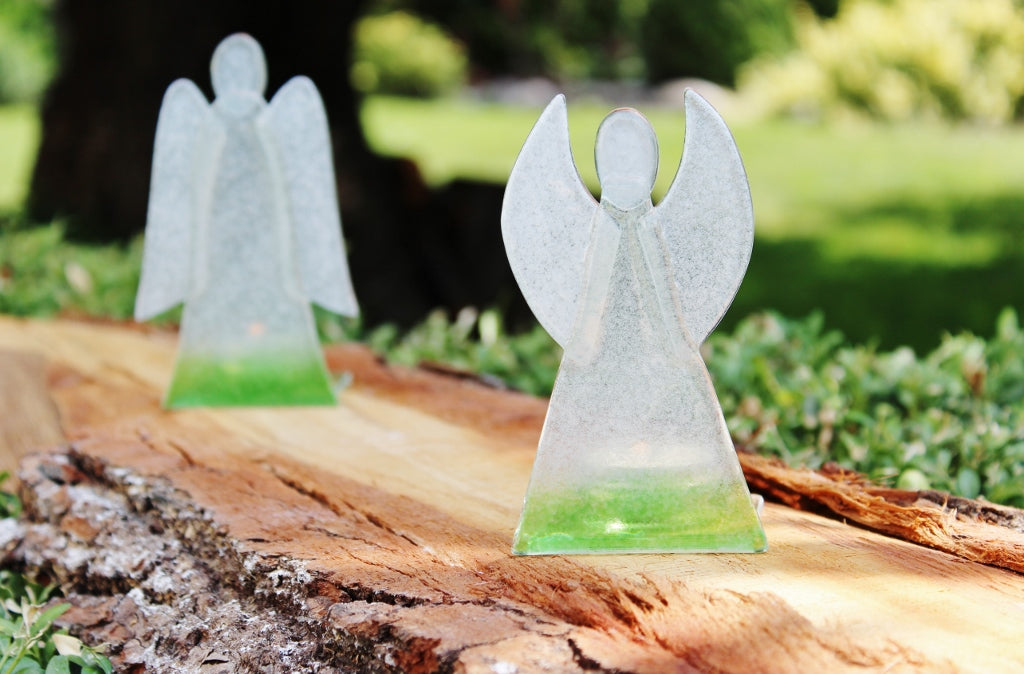 Skleněný svícen anděl 12cm - bílo-zelený