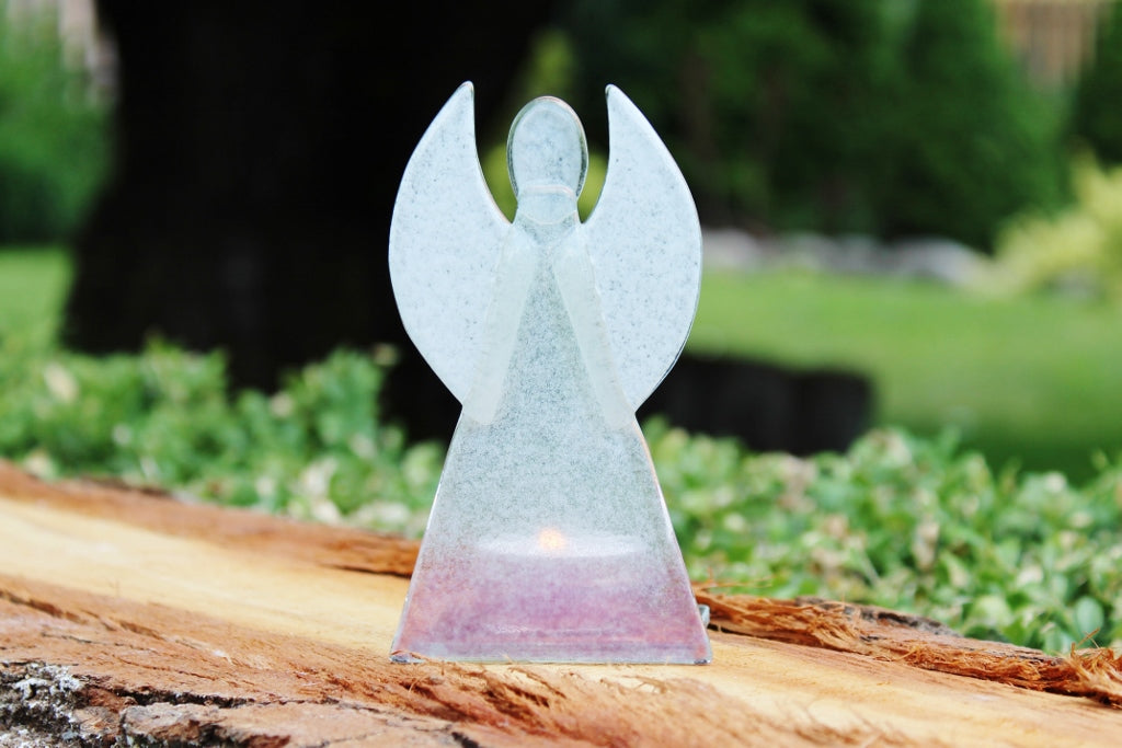 Skleněný svícen anděl 12cm - bílo-růžový