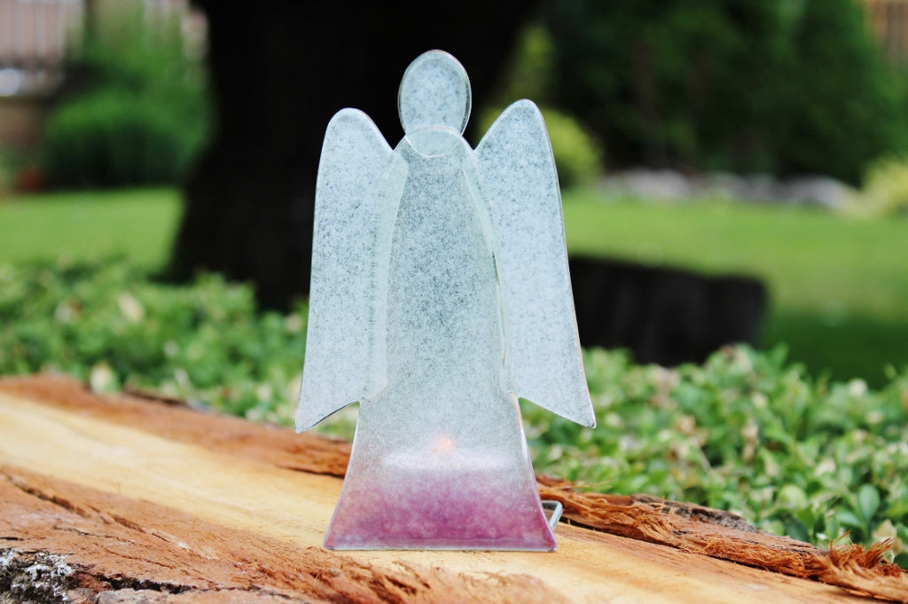 Skleněný svícen anděl 14cm - bílo-růžový