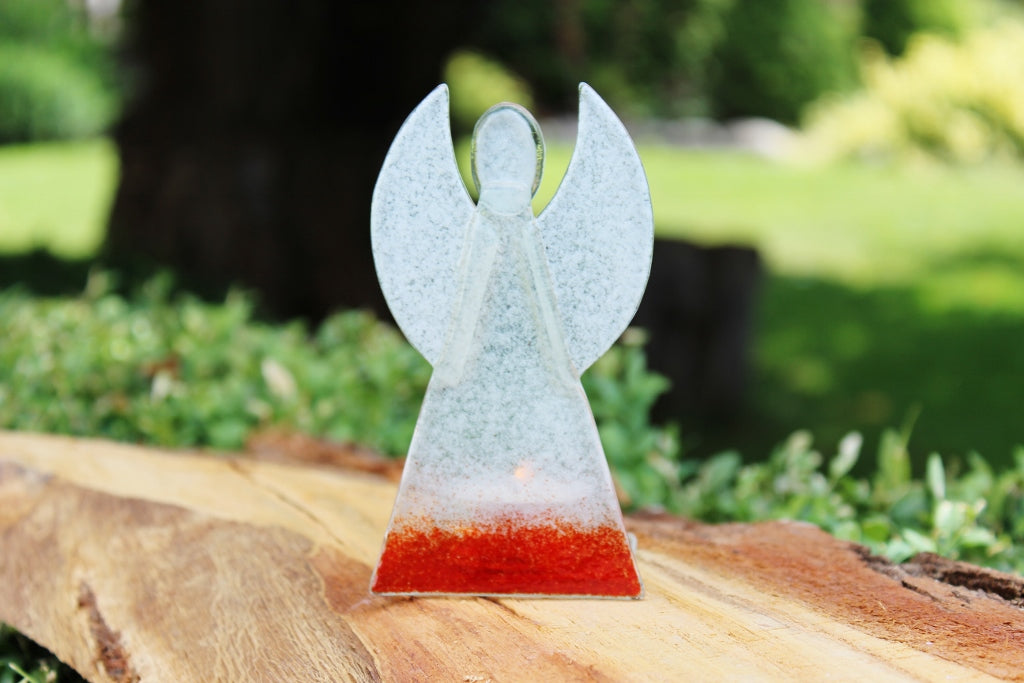 Skleněný svícen anděl 12cm - bílo-červený