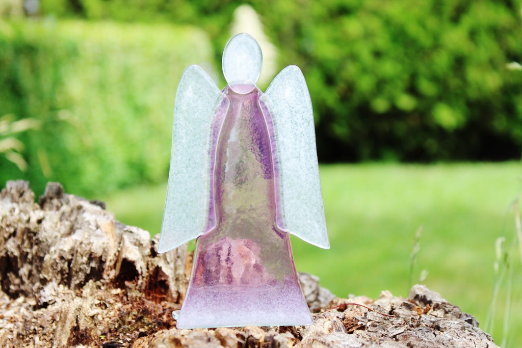 Skleněný svícen anděl 14cm - růžový