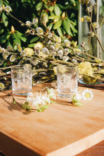 Skleněné štamprle na slivovici Ludové 30 ml Ateliér Žampach se sedmikráskou a dalšími květinami na dřevěném zahradním stole