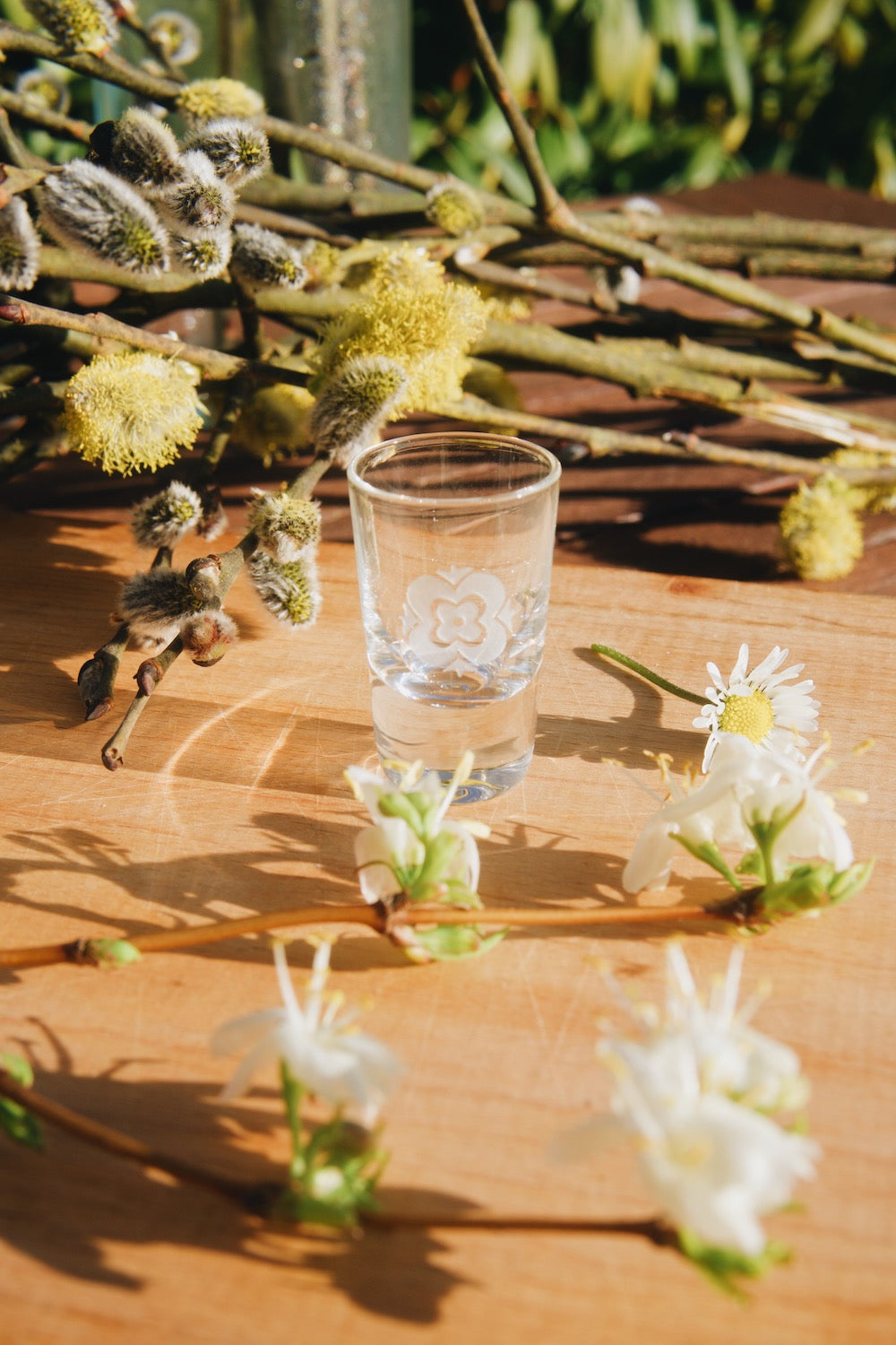 Malá skleněná štamprle na slivovici Ateliér Žampach 10 ml s jarními květinami na dřevěném stole