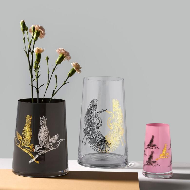 Průhledná, černá a růžová skleněná váza na květiny Crystalex Herons