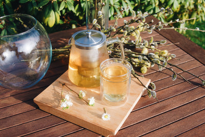 Dvoustěnný skleněný hrnek Simax Twin a skleněná konvice na čaj Simax Charme stojící na dřevěném podnose na dřevěném stole na zahradě