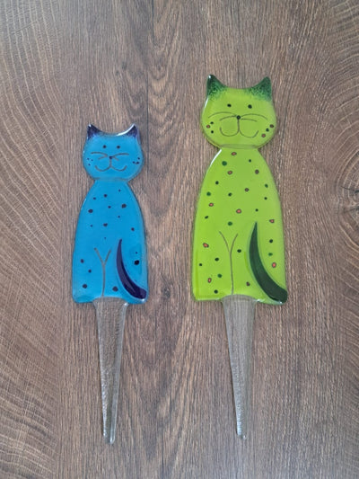 Skleněné figurky Kočky CA20 zelená a modrá, na zapichování (sada 2 ks)