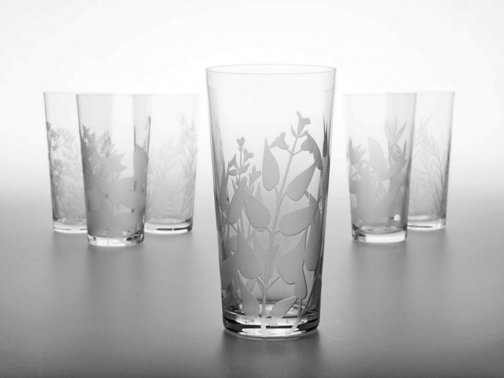 Pískované sklenice na vodu ručně zdobené Atelier Zampach Bylinky
