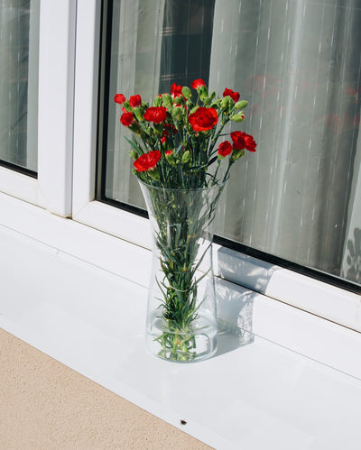 Skleněná váza Simax Rose s květinou na okně