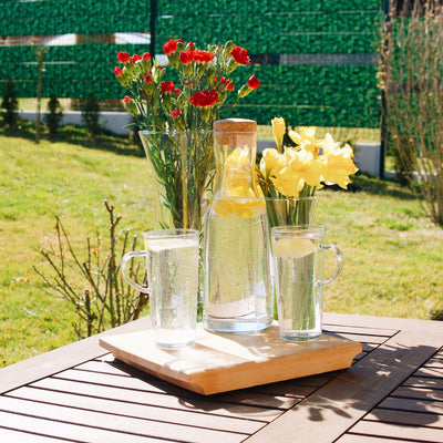 Skleněné vázy Simax Rose a karafa Simax Bastia na zahradě