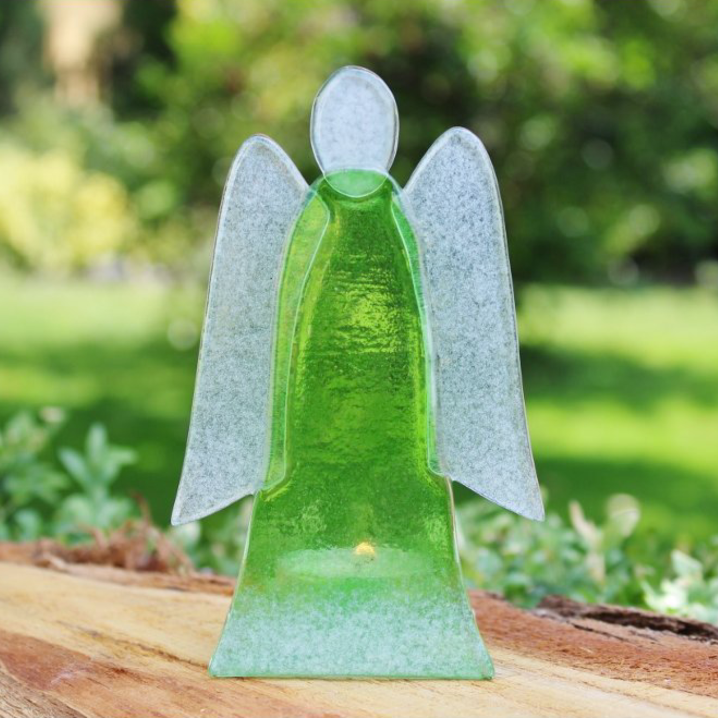 Zelený skleněný anděl svícen na čajovou svíčku velký