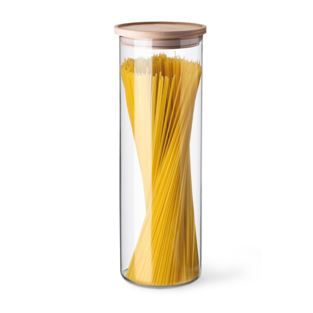 Skleněná dóza na špagety 1,8 l Simax dřevěné víko plná